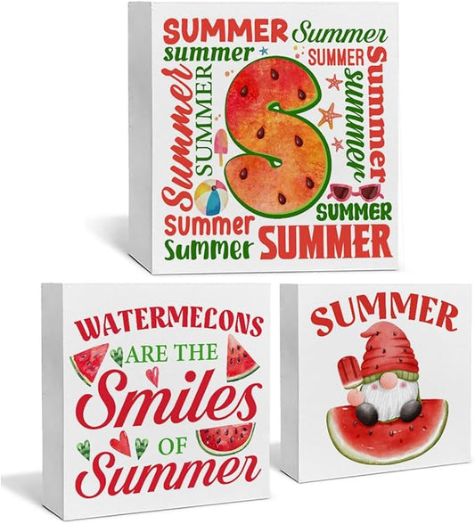 Summer Watermelon Decor for Home Watermelon Tiered Tray Decor 3 Pcs Wood Decorative Signs Table Desk Shelf Sign