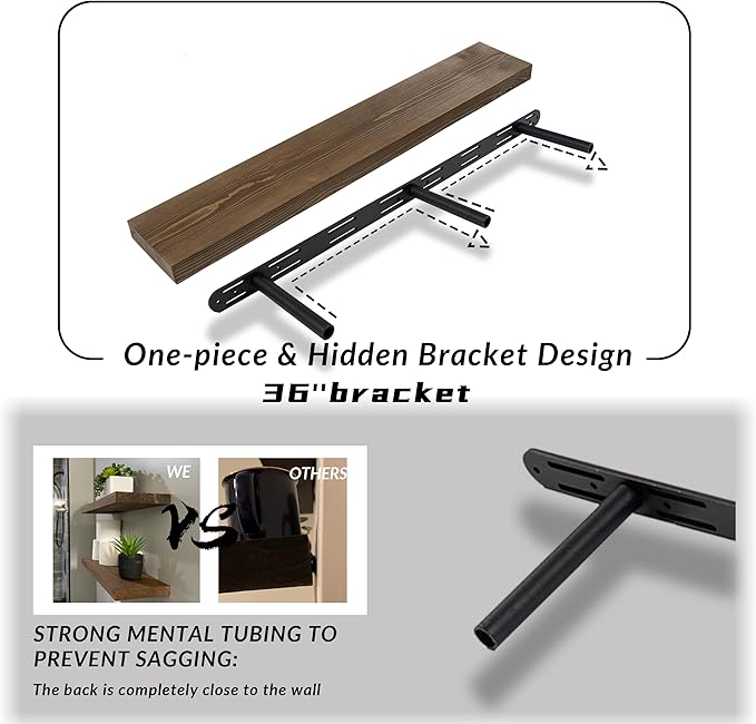 Rustic Floating Shelves 36 inch Long 8 inch deep Set of 2, Solid Wood Wall Shelves for Bedroom Living Room Kitchen,Book Shelf for Wall, Wall Mounted Shelves with Hidden Bracket- Walnut