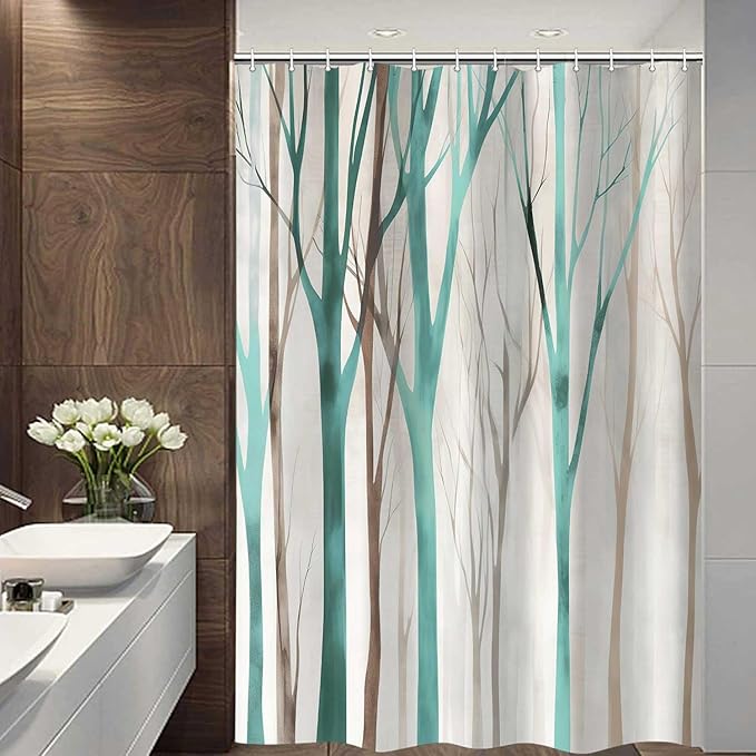 MERCHR Brown Teal Tree Fabric Shower Curtain, Art Style Abstract Birch Forest Rustic Wood Polyester Fabric Waterproof Bath Curtain, Farmhouse Bathroom Shower Curtains with Hooks 72X84 Inch
