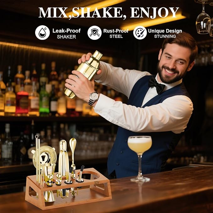 IOV Cocktail Shaker Set Bartender Kit with Stand | Bar Set Drink Mixer Set Includes Martini Shaker, Jigger, Strainer, Mixing Spoon, Muddler, Recipe Book | Home Bar Accessories Gift Set (Gold)