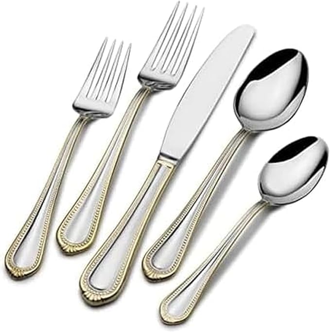 Mikasa, Gold Accent Regent Bead Flatware Service for 12, 65 Piece Set, 18/10 Stainless Steel, Silverware Set with Serving Utensils