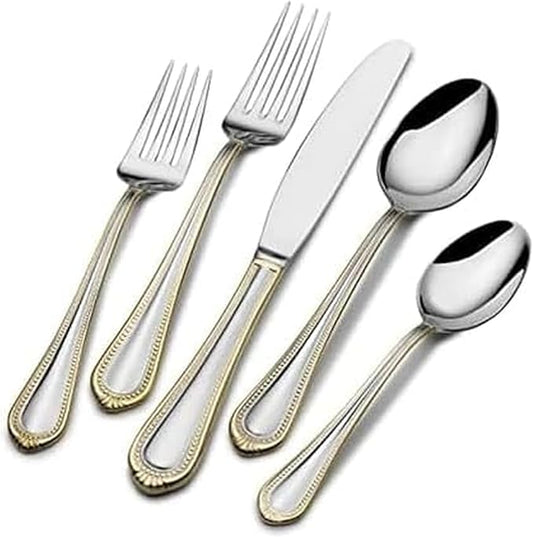 Mikasa, Gold Accent Regent Bead Flatware Service for 12, 65 Piece Set, 18/10 Stainless Steel, Silverware Set with Serving Utensils
