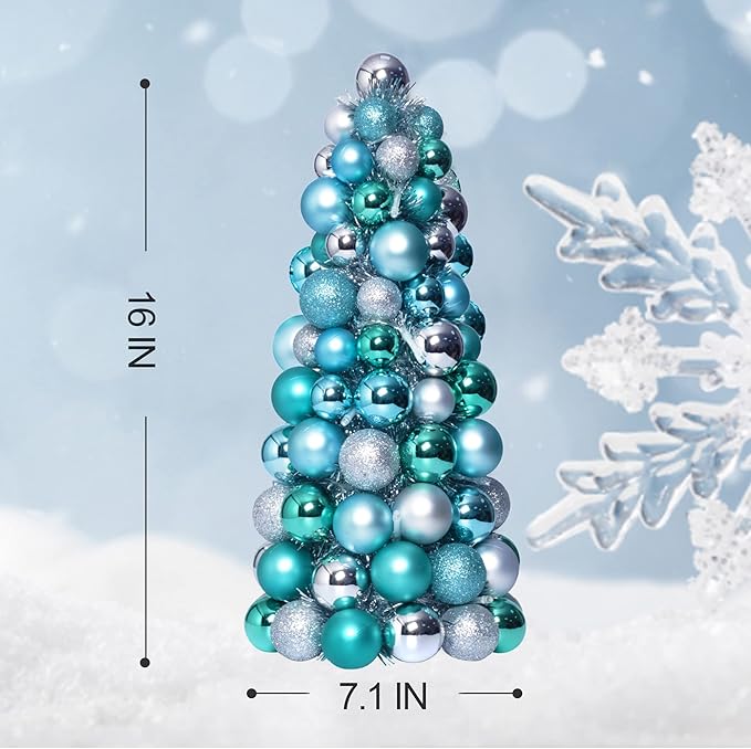 Amooca 16in Christmas Ball Tree with LED Lights Table Centerpiece Fireplace Decor Indoor Holiday Party Home Decoration Light Blue Silver