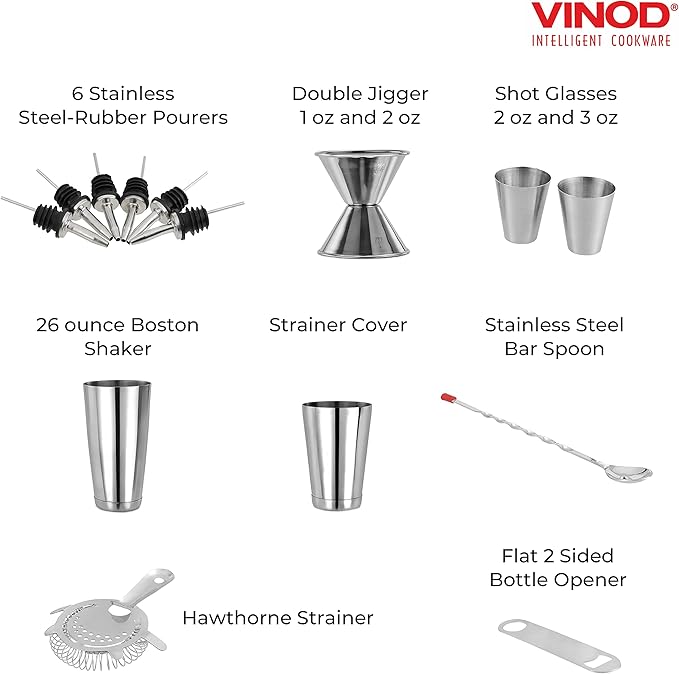 Vinod Stainless Steel Bar Set | 14 Piece Cocktail Accessories Set | 26 Ounce Boston Shaker w/Strainer Rubber Pourers Bar Jigger, Bottle Opener & More | Drink Mixer Bar Set | Bartender Kit
