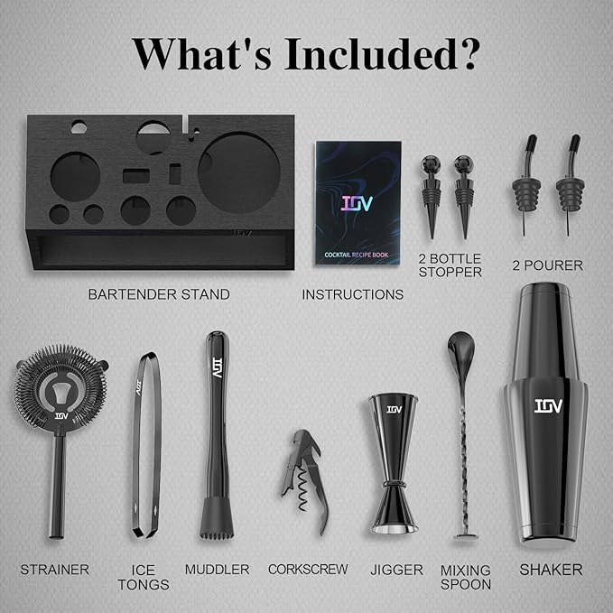 IOV Cocktail Shaker Set: 12-Piece Mixology Bartender Kit Bar Set | 18oz & 28oz Boston Shaker Drink Mixing Tools for Home with Recipe Booklet and Stand | Fun Housewarming Gift (Black)