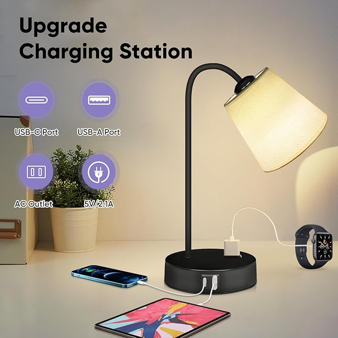 Industrial Table Lamps Set of 2 for Bedroom-3 Way Dimmable Touch Bedside Lamp for Nightstand with USB C+A Ports and Outlet,Desk Lamp with Fabric Shade for Living Room,Home,Office