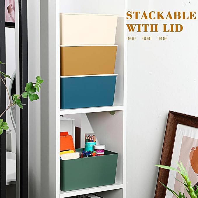 Menkxi 4 Pcs Storage Bins with Lids Plastic Containers Stackable Storage Box Baskets for Organizing Shelves(Mixed Color,Small)