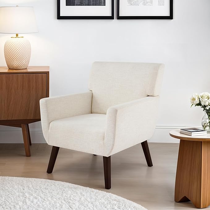 Upholstered Accent Chair,Mid Century Modern Linen Fabric Small Living Room Chair with Arm,Comfy Wingback Armchair for Bedroom Reading Beige