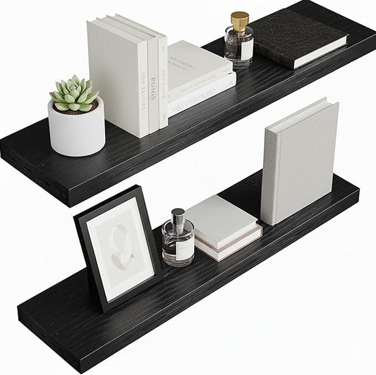 Lufia Floating Wall Shelves, Set of 2, MDF with Invisible Brackets, Modern Storage for Bedroom, Bathroom, Living Room, Kitchen (Black, 28" W X 7" D X 1.5" H)