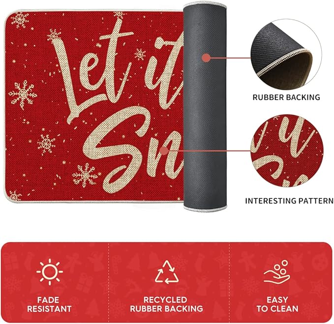 Artoid Mode Red Let It Snow Snowflake Snowman Winter Kitchen Mats Set of 2, Christmas Decor Low-Profile Kitchen Rugs for Floor - 17x29 and 17x47 Inch