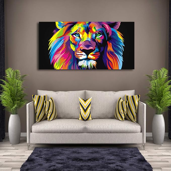 Animal Lion Pictures Wall Decor Art For Bedroom,Colorful Lion Canvas Wall Art Paintings for Living Room,Artwork Stretched and Ready to Hang,Size 20x40inches.