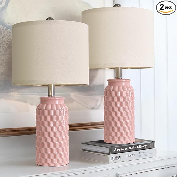 20.5" Pink Table Lamps Set of 2,Modern Farmhouse Bedside Lamps - Ceramic Nightstand Lamps for Bedroom,Boho Living Room End Tables,Small Office Desk Lamp