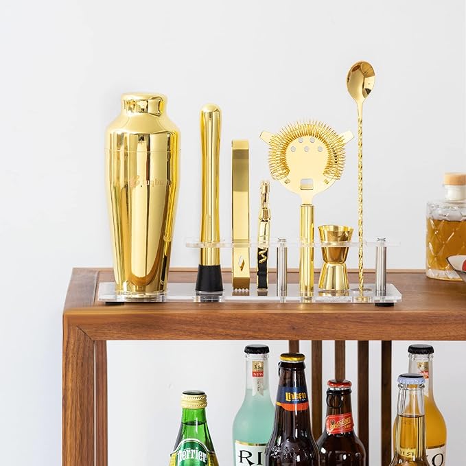 Cocktail Shaker Set with Arcylic Stand, Mixology Bartender Kit for Drink Mixing | Mixology Set with 7 Bar Set Tools Cocktail Kit (Gold)
