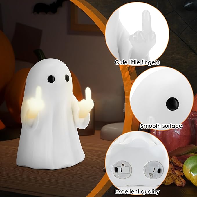 7.9 * 4.7in Halloween Ghost Figurine,Halloween Decorations Light up Ghost Spooky & Cute Finger Ornaments for Home, Desk, Party Porch Decor Indoor Decor Funny Middle Finger