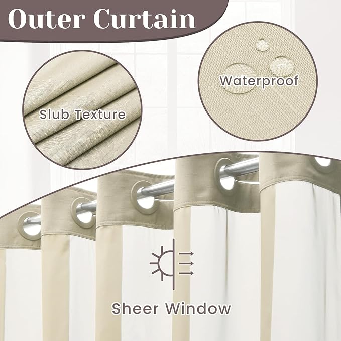 No Hook Slub Textured Shower Curtain with Snap in Liner - Linen Fabric Outer Curtain & Waterproof Inner Liner, Hotel Style with See Through Top Window, 71x86 in