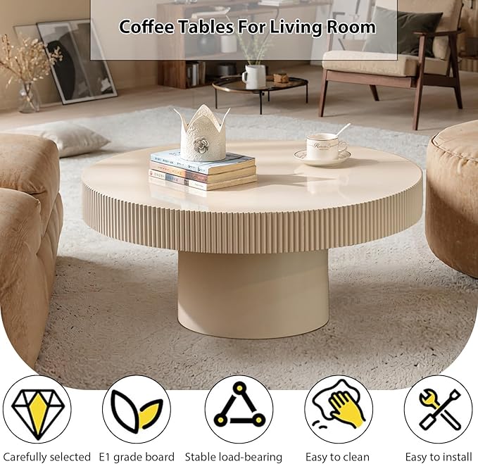 Round Fluted Coffee Table Mid Century Modern Coffee Tables with Handcrafted Relief Circle Drum End Table Rustic Industrial Center Tables for Apartment Living Room (White Round Thin)