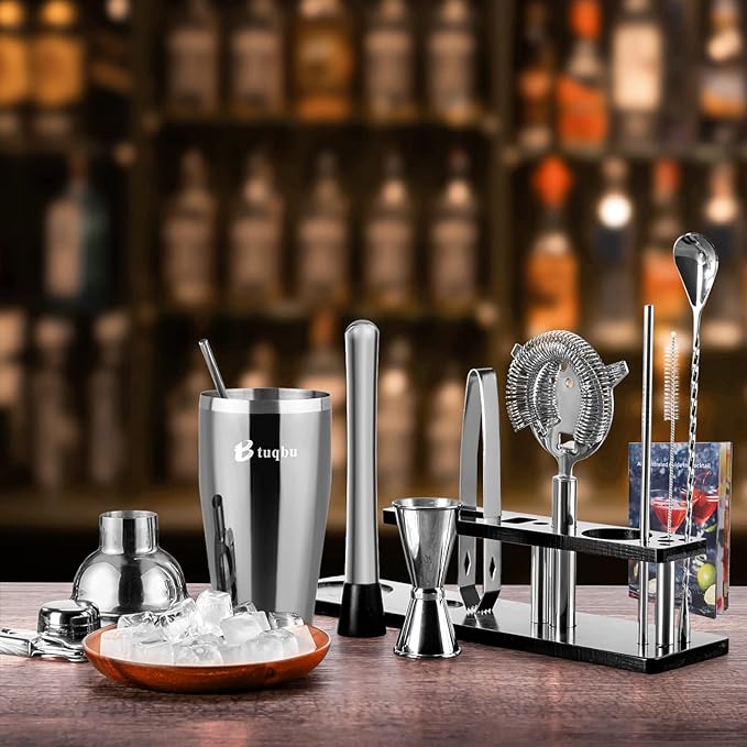 Bartender Kit with Stand, 11 Piece Set, Cocktail Shaker Set 24 oz Shaker Bar Tool Set for Beginner with Recipe
