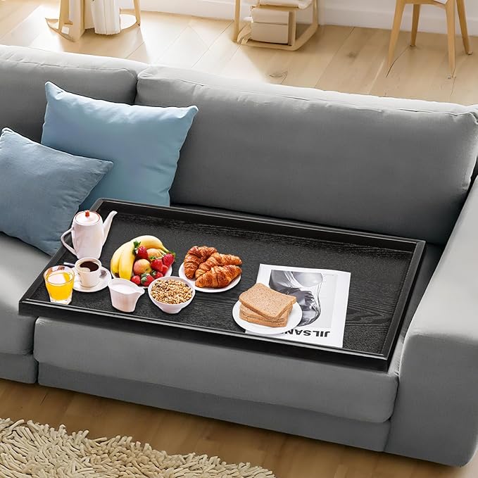 36 x 22 Inches Extra Large Solid Wood Serving Tray for Tea Coffee Table Snack Food Meals Serving Plate Kitchen Party Bar Breakfast Server with Raised Edges Black Wooden Decorative Ottoman Tray
