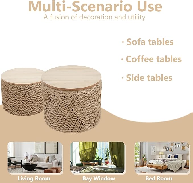 Kmax 24" Round Wood Nesting Coffee Table Set of 2 Handcraft Woven & Rope Rattan Sofa Tables Both with Storage Drum End Side Table for Small Space Living Room No Assembly Needed, Natural Color