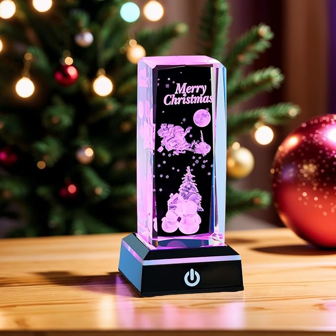 3D Crystal Night Light, K9 Crystal LED Lamp with Light Base, Merry Christmas Gifts for Kids, Women, Teens, Boys, Girls, Anniversary, Birthday, Holiday Room Decor