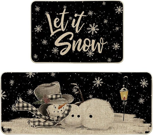 Artoid Mode Let It Snow Snowflake Snowman Light Christmas Decorative Kitchen Mats Set of 2, Home Party Low-Profile Kitchen Rugs - 24x35 and 24x59 Inch