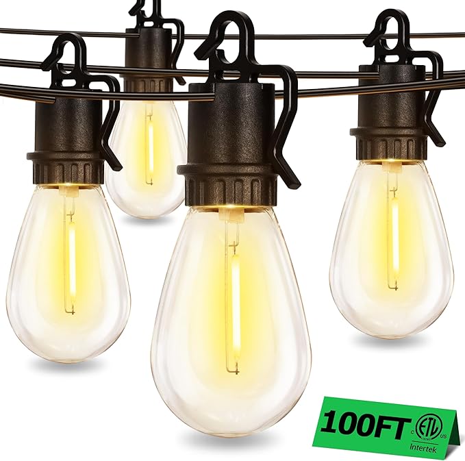 100FT Outdoor String Lights with 35 Shatterproof Patio Deals S14 Vintage Edison Bulbs E12 Sockets,2700K Dimmable Outdoor Lights,IP55 Waterproof LED String Lights for Outside, Patio Lights