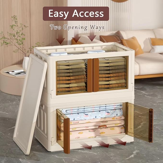 19Gal Collapsible Storage Bins with Lids & Wheels - 4 Pack Stackable with Doors, Heavy-Duty Plastic Cabinet for Home/Office, Milk White