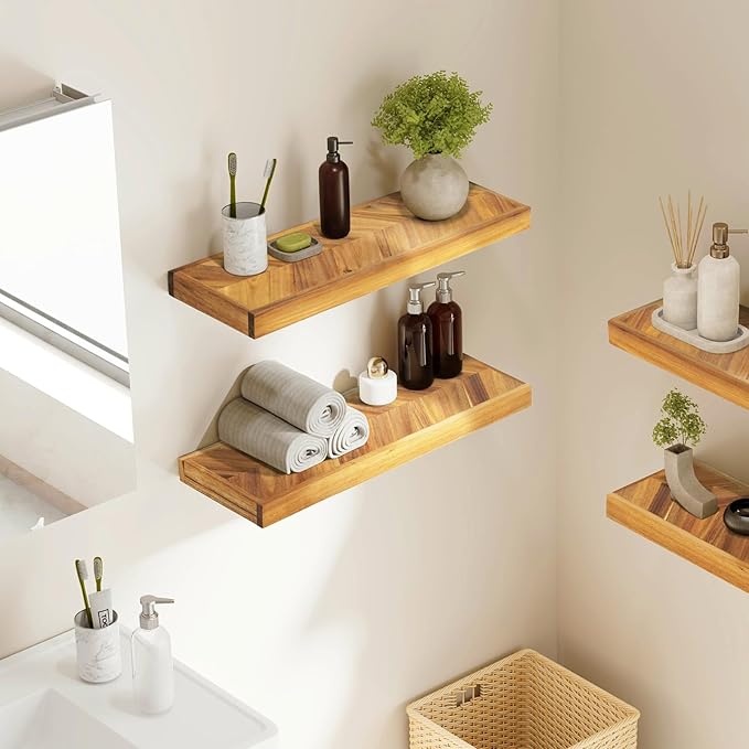 36" Acacia Chevron Floating Shelves Set of 2 - Wall Mounted Wooden Shelf for Stylish Home Décor - Natural Color - 36x6.7x1.5 Inches