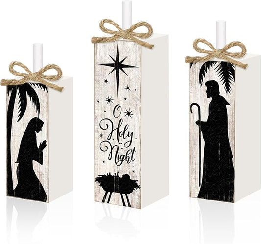 Britimes Christmas Decorations for Home, 3pcs Wooden Table Decor, Nativity Scene Holy Night Farmhouse Tabletop Block Sign for Christmas Indoor Kitchen
