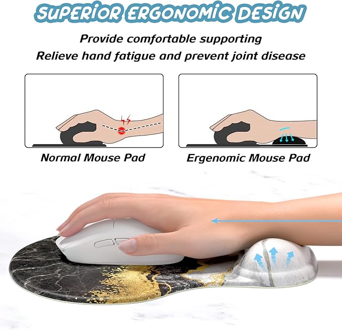 Hsurbtra Ergonomic Mouse Pad with Wrist Rest Support, Gel Mouse Pads with Non-Slip PU Base, Pain Relief Memory Foam Computer Mat, Cute Office Supplies Desk Decro Accessories, Black Marble