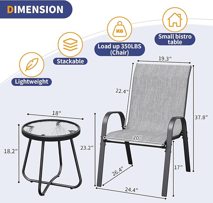 Amopatio 3 Piece Patio Set, Outdoor Stackable Dinging Chairs for All Weather, Breathable Garden Outdoor Furniture for Backyard Deck, Light Grey