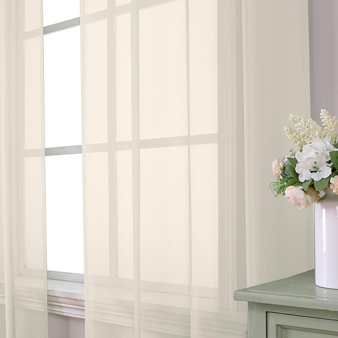 Aiyufeng Cream Sheer Curtains 84 Inches Long 2 Panels Set for Living Room, Light Filtering Green Window Sheer Drapes for Bedroom, Each 42" W x 84" L