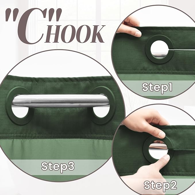 No Hook Slub Textured Shower Curtain with Snap in Liner - Dark Green Fabric Outer Curtain & Waterproof Inner Liner, Hotel Style with See Through Top Window, 71x74 in