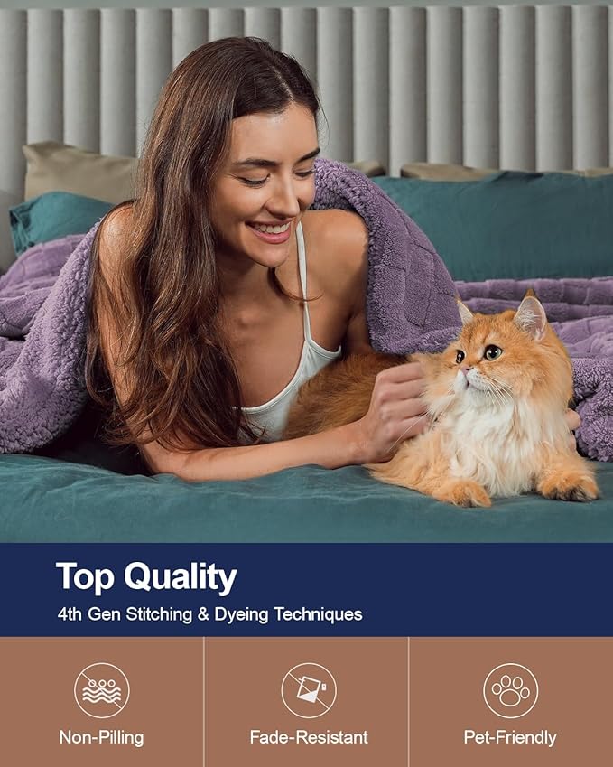 Pawque Super Soft Cozy Throw Blanket Queen Size for Couch Bed, Fluffy Sherpa Fleece Reversible Thick Warm Fuzzy Blanket for All-Season, 3D Checkered Jacquard Decorative Blankets, Purple, 90"x90"