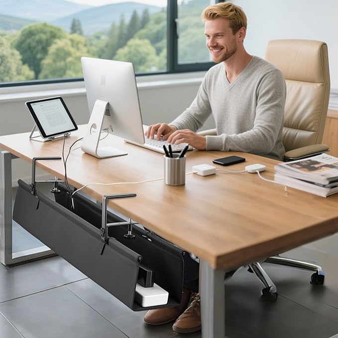 No Drill Large Under Desk Cable Management Tray, Fabric Cord Hider for Wire Organizer, Clamp/Screw Mount Cord Organizer, Standing Desk Cable Management for Office Home (36 INCH)