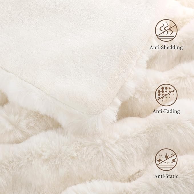 Faux Rabbit Fur Throw Blanket for Couch, Fluffy Warm Plush Thick Bubble Blanket for Bed Sofa Living Room, Soft Cozy Furry Blanket Home Decor, 50x60 inches, Cream White