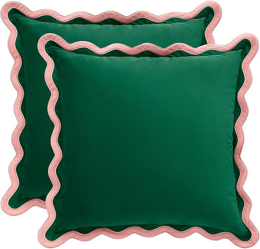 MONDAY MOOSE Decorative Throw Pillow Covers Cushion Cases, Set of 2 Soft Velvet Scalloped Wavy Edge Designs, Mix and Match for Home Decor, Pillow Inserts Not Included (Pink/Green, 16x16 inch)