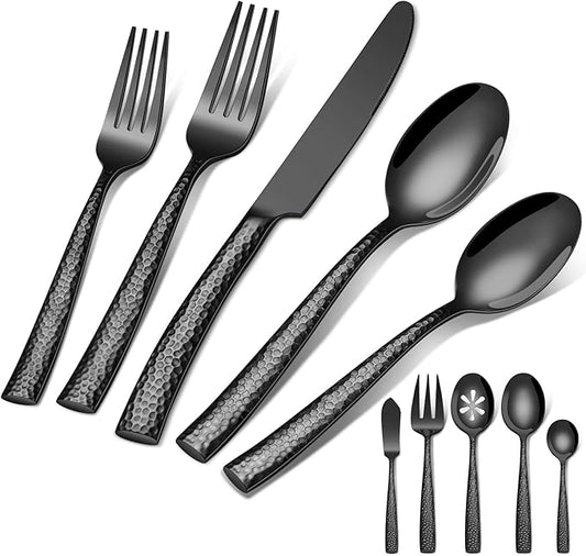 45-Piece Silverware Set with Serving Utensils, Ollex Durable Stainless Steel Black Hammered Flatware Set for 8 with Knives Forks Spoons Large Serving utensil Set for Home Restaurant, Dishwasher Safe