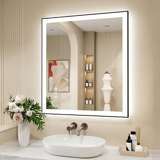 32x36 Inch LED Bathroom Mirror with Black Frame, Backlit and Front Lighted Bathroom Mirrors for Wall, Anti-Fog, Dimmable, Memory, Shatterproof, LED Vanity Mirror for Bathroom