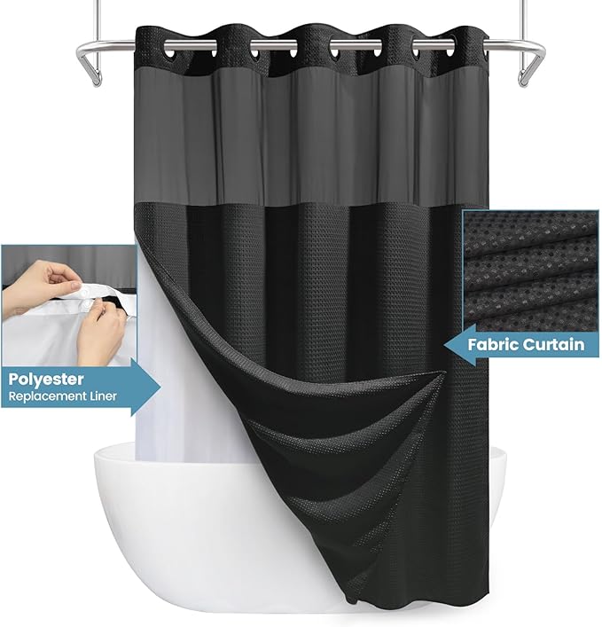 Long No Hook Shower Curtain with Snap in Liner,230GSM Waffle Weave Shower Curtains for Bathroom,71W x 80H(78"),Black