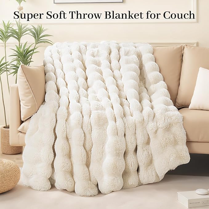 NEXHOME PRO Faux Fur Throw Blanket, Ultra Soft Cozy Warm Fuzzy Fluffy Plush Reversible Blanket for Couch, Sofa, Bed, Home Decor Gift, Beige 5060