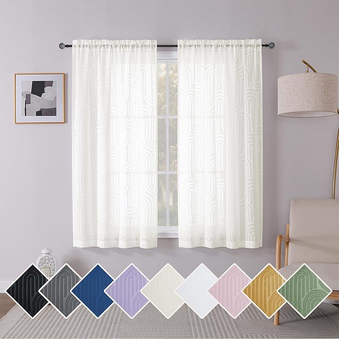 Simplebrand Ivory Sheer Curtains 63 Inch Length 2 Panels, Light Filtering Semi Sheer Curtains for Bedroom, Geometric Jacquard Clip Textured Window Semi Sheer Curtains Drapes, 42Wx63L Inches