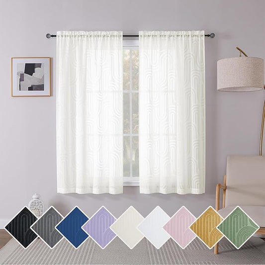 Simplebrand Ivory Sheer Curtains 63 Inch Length 2 Panels, Light Filtering Semi Sheer Curtains for Bedroom, Geometric Jacquard Clip Textured Window Semi Sheer Curtains Drapes, 42Wx63L Inches