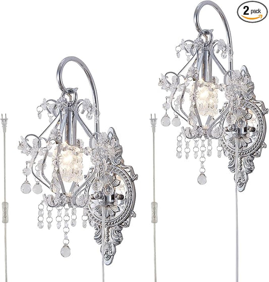Silver Crystal Vintage Plug in Wall Sconces Set of 2 Indoor Wall Light Fixture, Modern Wall Mount Lamp Light for Bedroom Living Room Bathroom Vanity Light Hallway Light Fixture Decor LED E12