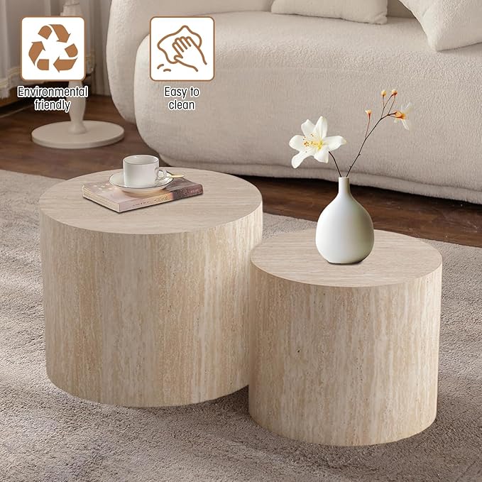 Round Nesting Coffee Table Set of 2 Travertine Round Drum Fluted Coffee Tables for Small Space Modern Stacking Nesting Tables Minimalist Circle Center Table 2 Piece for Living Room (Travertine)