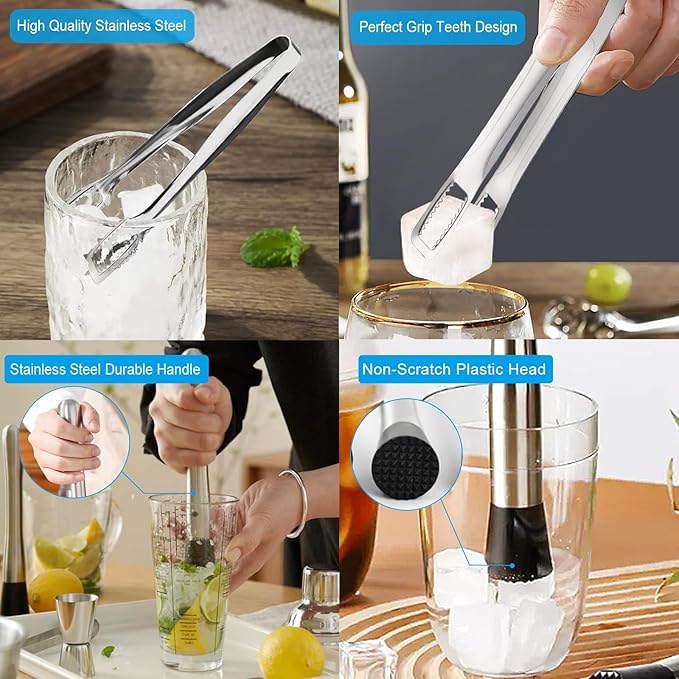 Cocktail Shaker Set with Stand,Cocktail Kit,Bartender Kit with 10 Piece Bar Tool Set,Matini Shaker,Mixing Spoon,Jigger,Strainer,Muddler,Corkscrew for Barware Set and Other Bar Tools (Black Bamboo)