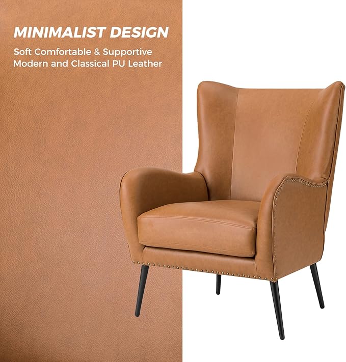 HULALA Home Faux Leather Accent Chair Set of 2 w/Removable Cushion, Comfy Upholstered Armchair with Metal Legs & Nailhead Trim Wingback Vanity Chair Desk Chair for Reading Living Room Bedroom, Camel
