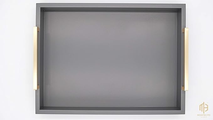 Decorative Coffee Table Tray - Ottoman Tray - Breakfast, Drinks, Liquor Serving Tray - from Farmhouse to Modern - Matte Finish - Brushed Champagne Gold Handles - Charcoal