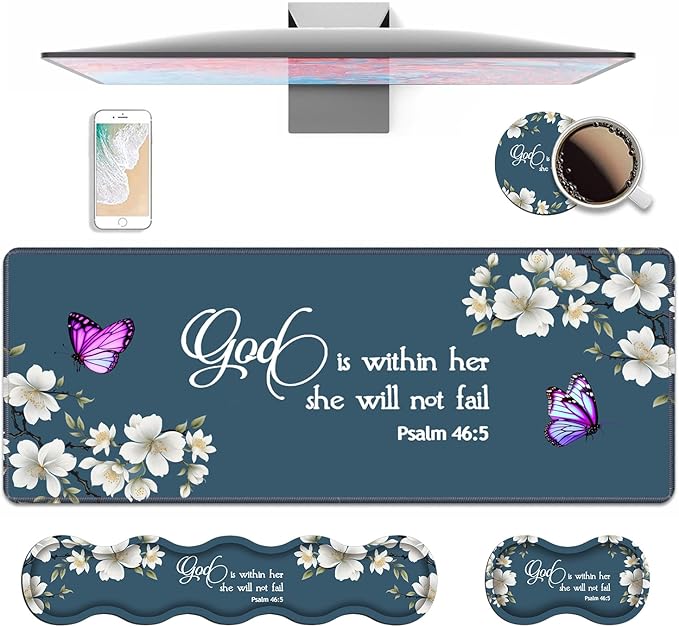 4 in 1 Ergonomic Keyboard Wrist Rest & Mouse Pad Wrist Rest Set,Large XXL Gaming Desk Mat 31.5"x 11.8" with Non-Slip Base,Memory Foam for Home Office Study Gaming,Floral Quote Bible Verse Psalm 46:5