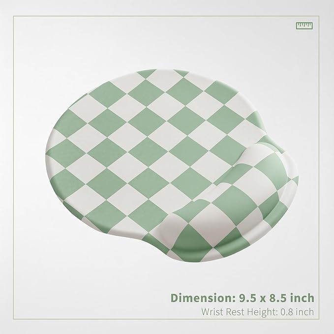 Sage Green Checkered Mouse Pad with Gel Wrist Rest, Wrist Support, Ergonomic Desk Accessories for Women, Office Laptop Gaming Decor, Cute Aesthetic Trendy Check Design